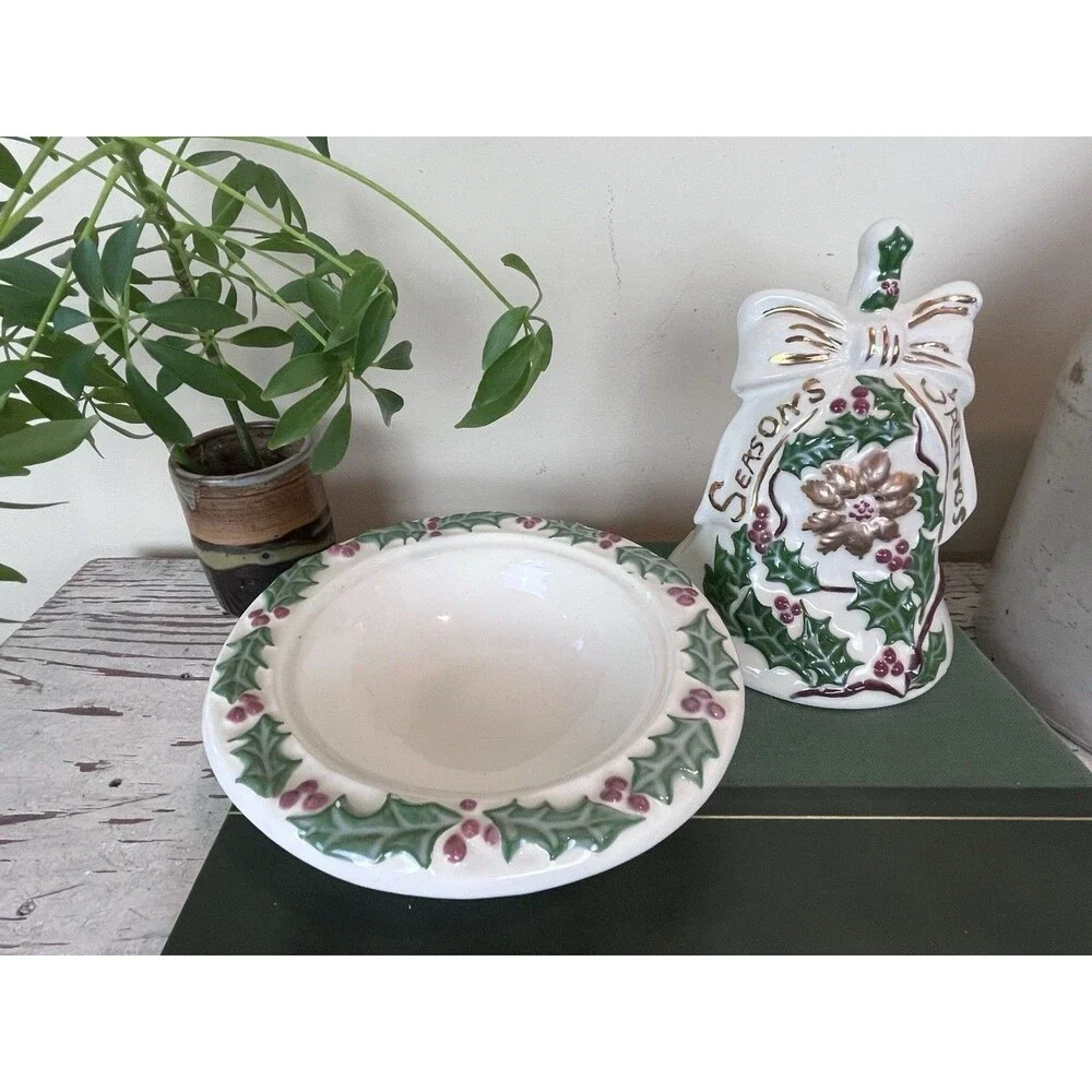 Vintage Hand Painted Christmas Ceramic White Bell Butter/Candy Dish Bow Holly